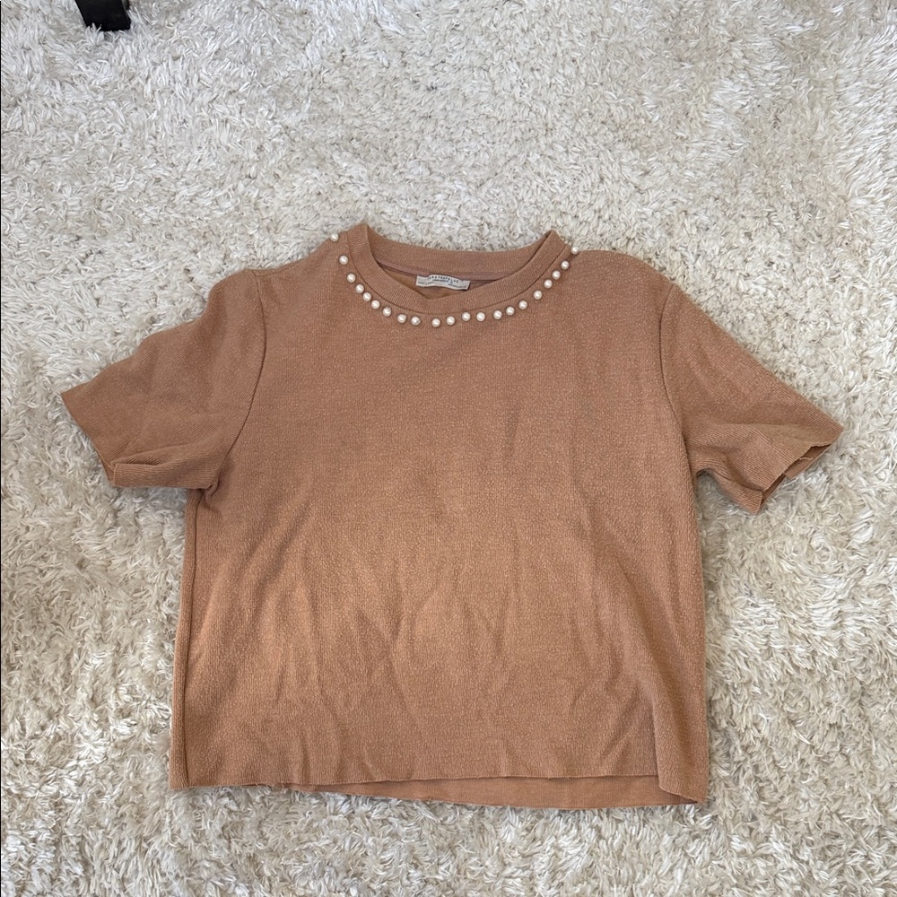 Zara Brown Short Sleeve Top with Pearl Details